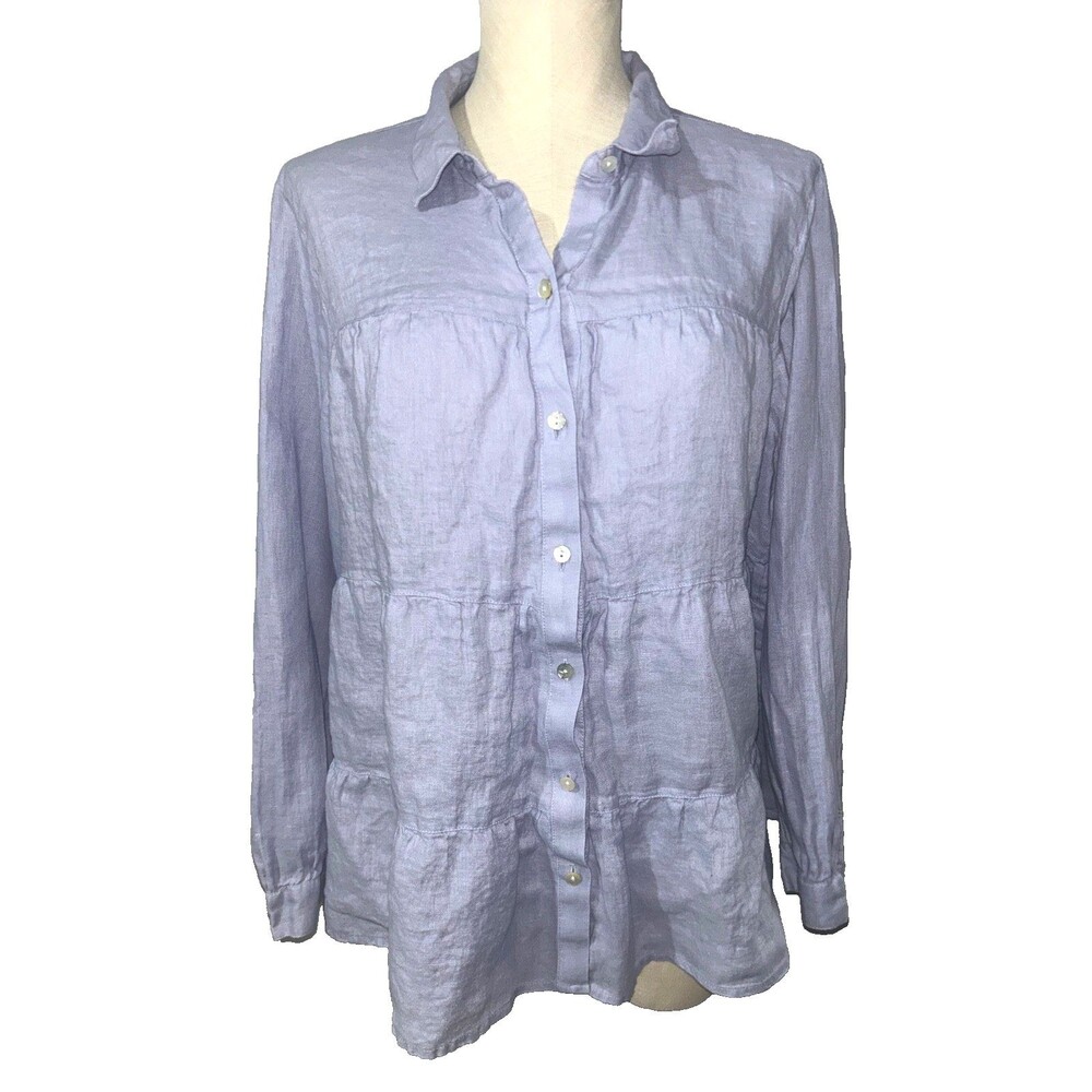 J. Jill Love Linen Tiered Button Up Shirt size L Lavender Boho Lagenlook Coastal